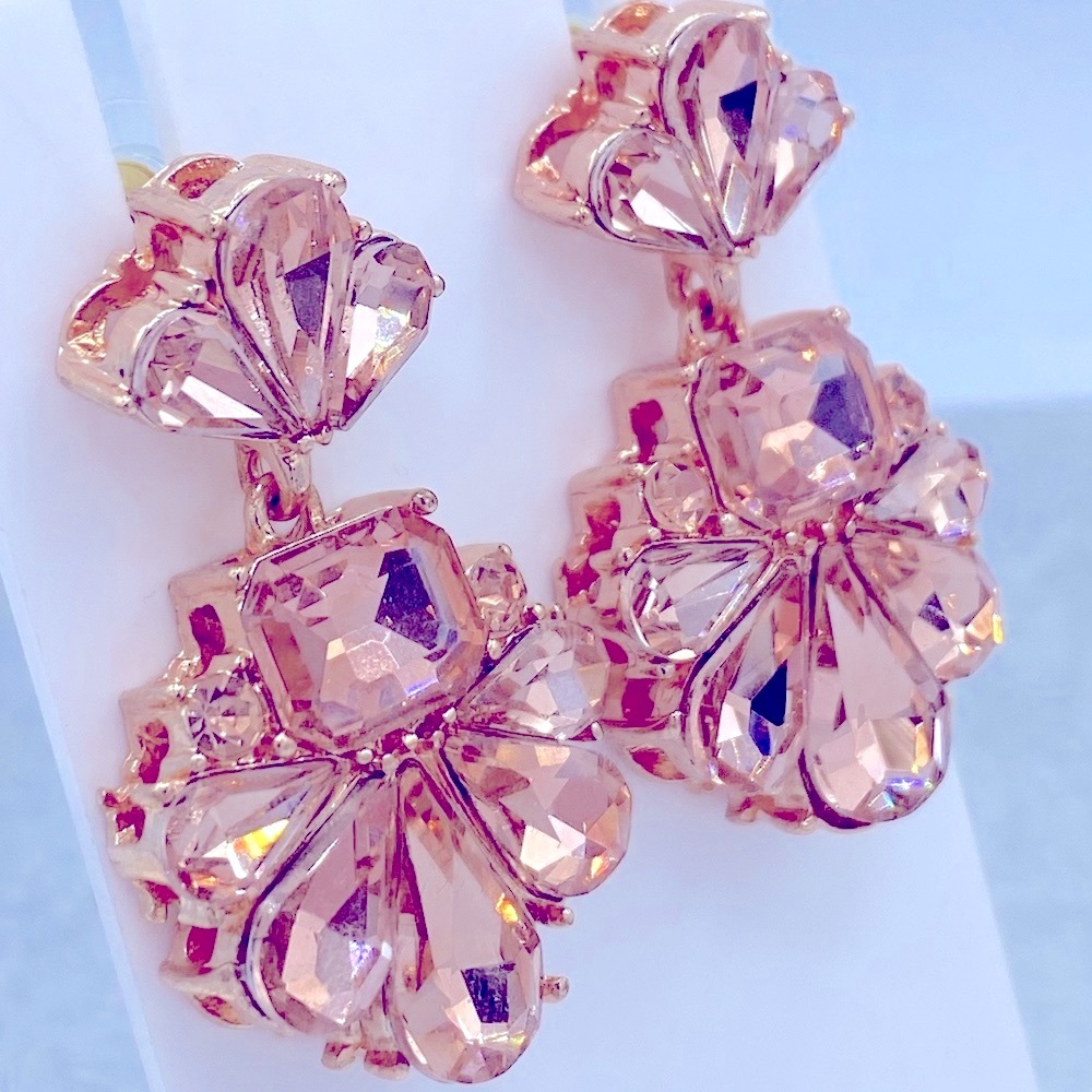 Rose Gold Tone Champaign Color Rhinestone Statement Earrings Pierced - Picture 2 of 5